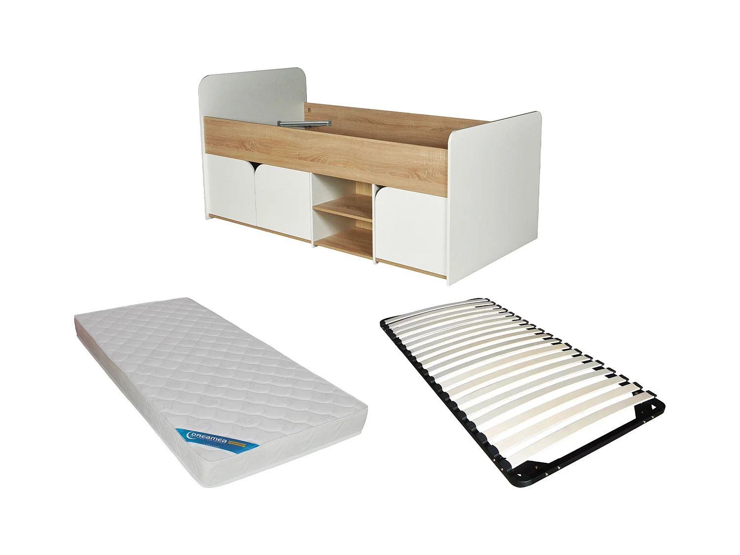 Seng 90 x 190 cm med opbevaring - Farve: Natur og hvid + Sengebund + Madras - LOSTYA