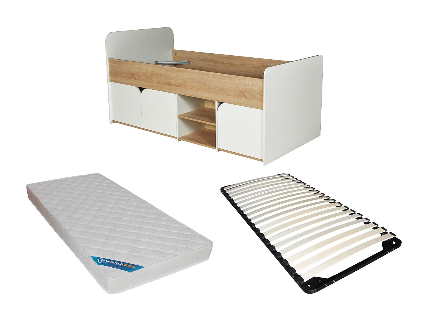 Bett 90 x 190 cm mit Stauraum - Farbe: Natur und Weiß + Lattenrost + Matrat günstig online kaufen