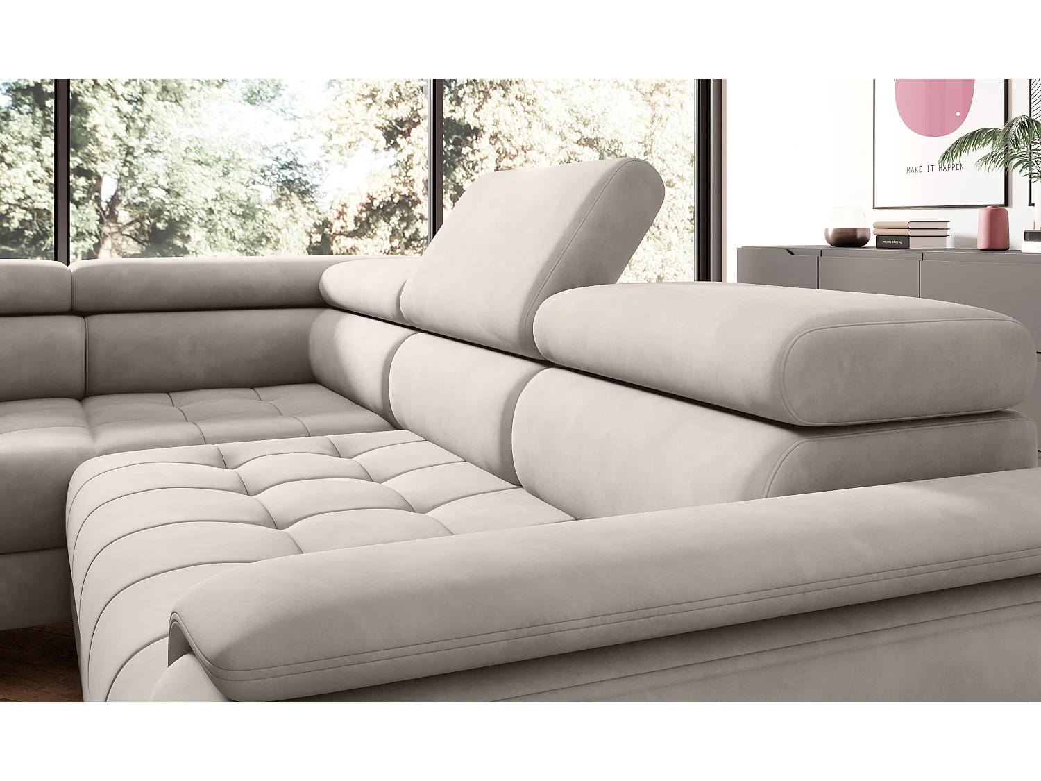 Canapé d'angle lit, têtières réglables, méridienne droite, 278×197×76/98 cm, tissu gris cendre