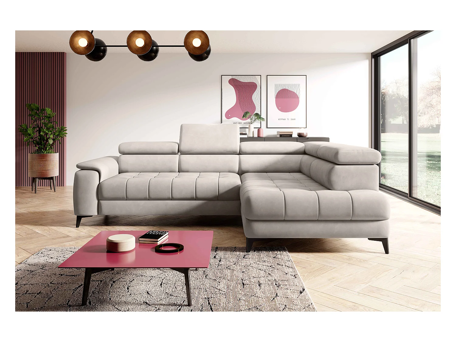 Canapé d'angle lit, têtières réglables, méridienne droite, 278×197×76/98 cm, tissu rose poudré