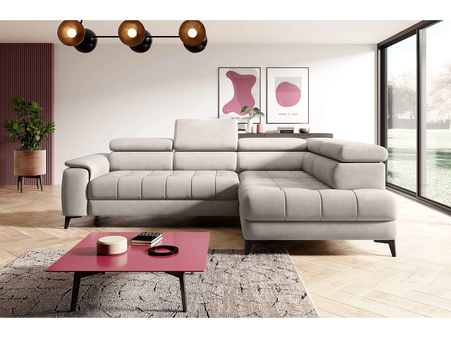 Canapé d'angle lit, têtières réglables, méridienne droite, 278×197×76/98 cm, tissu rose poudré