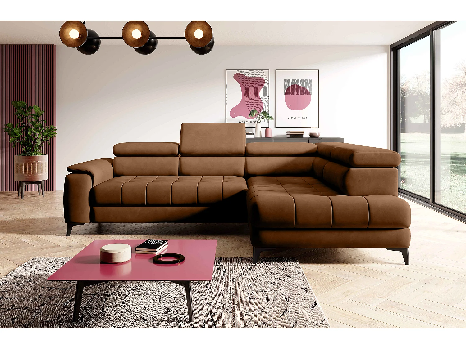 Canapé d'angle lit, têtières réglables, méridienne droite, 278×197×76/98 cm, tissu brun clair