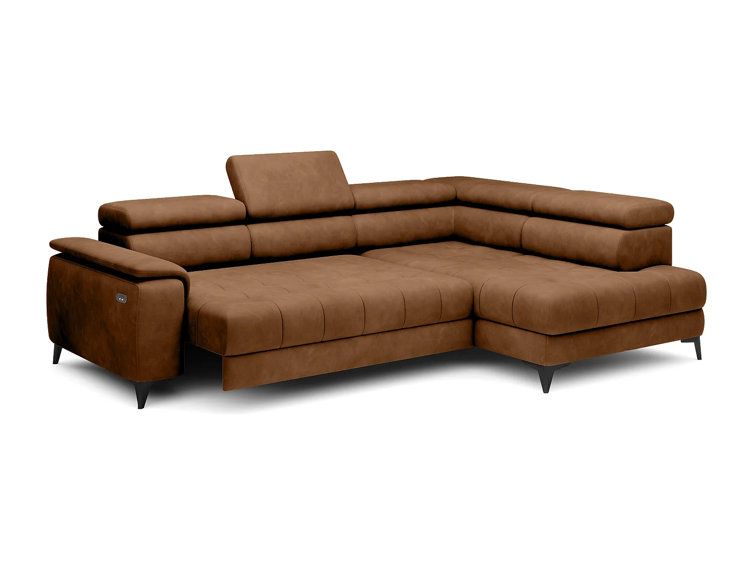 Canapé d'angle lit, têtières réglables, méridienne droite, 278×197×76/98 cm, tissu brun clair