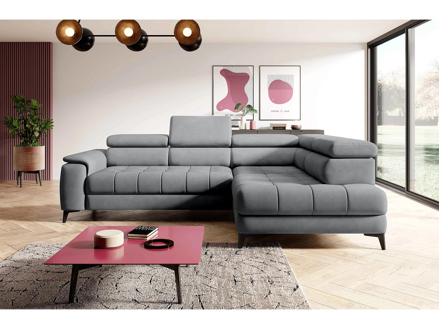 Canapé d'angle lit, têtières réglables, méridienne droite, 278×197×76/98 cm, tissu gris clair