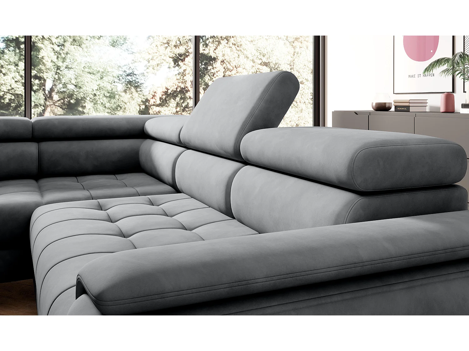 Canapé d'angle lit, têtières réglables, méridienne droite, 278×197×76/98 cm, tissu gris clair