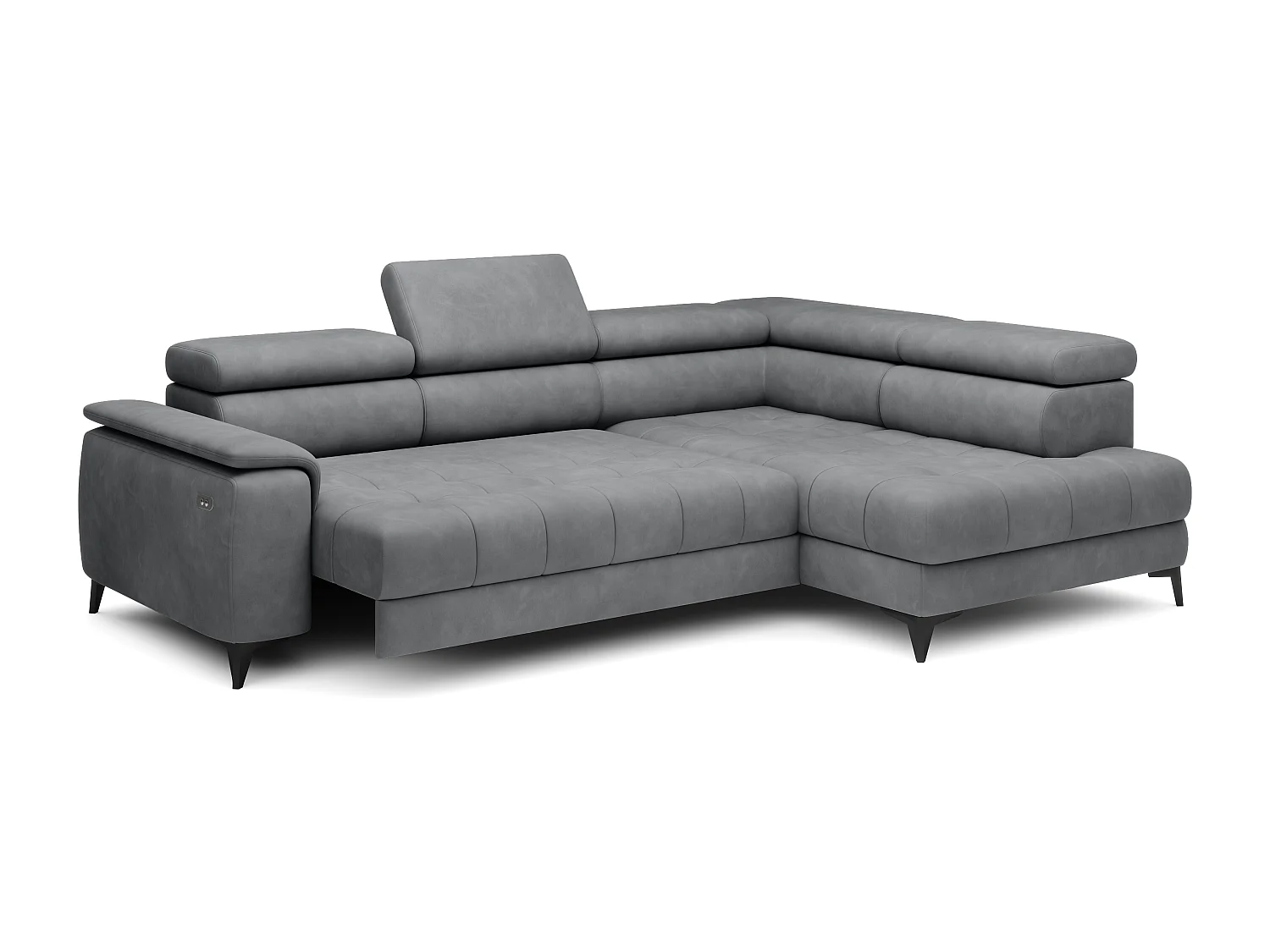 Canapé d'angle lit, têtières réglables, méridienne droite, 278×197×76/98 cm, tissu gris clair