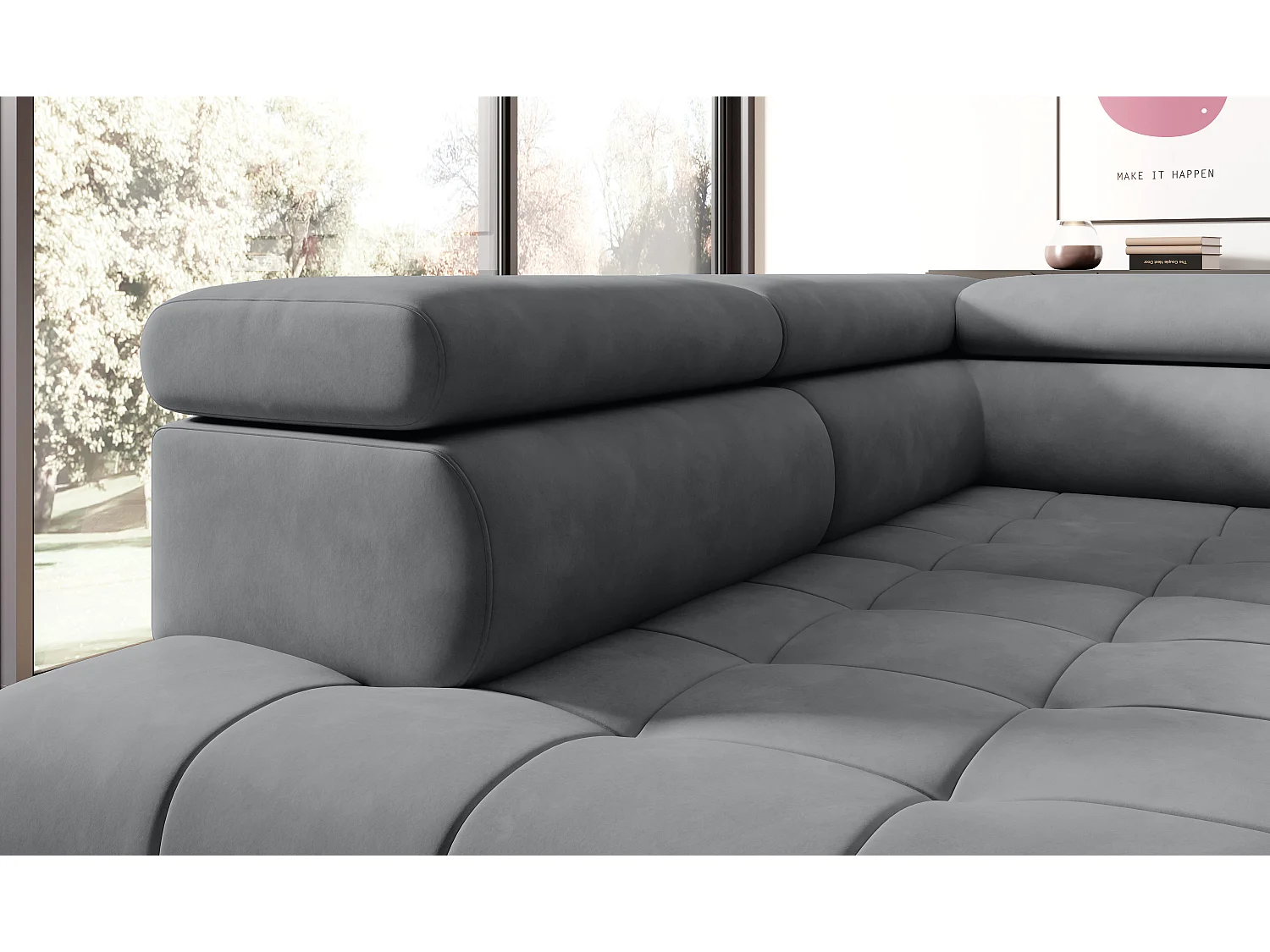 Canapé d'angle lit, têtières réglables, méridienne droite, 278×197×76/98 cm, tissu gris clair