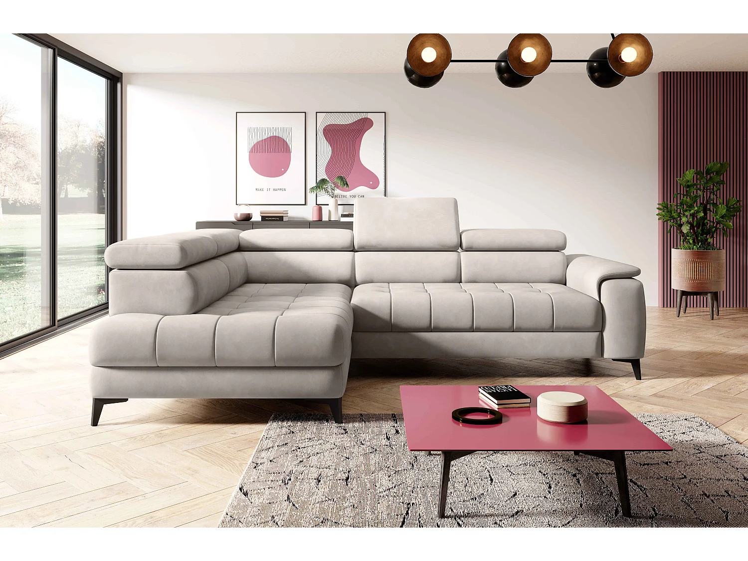 Canapé d'angle lit, têtières réglables, méridienne gauche, 278×197×76/98 cm, tissu gris cendre