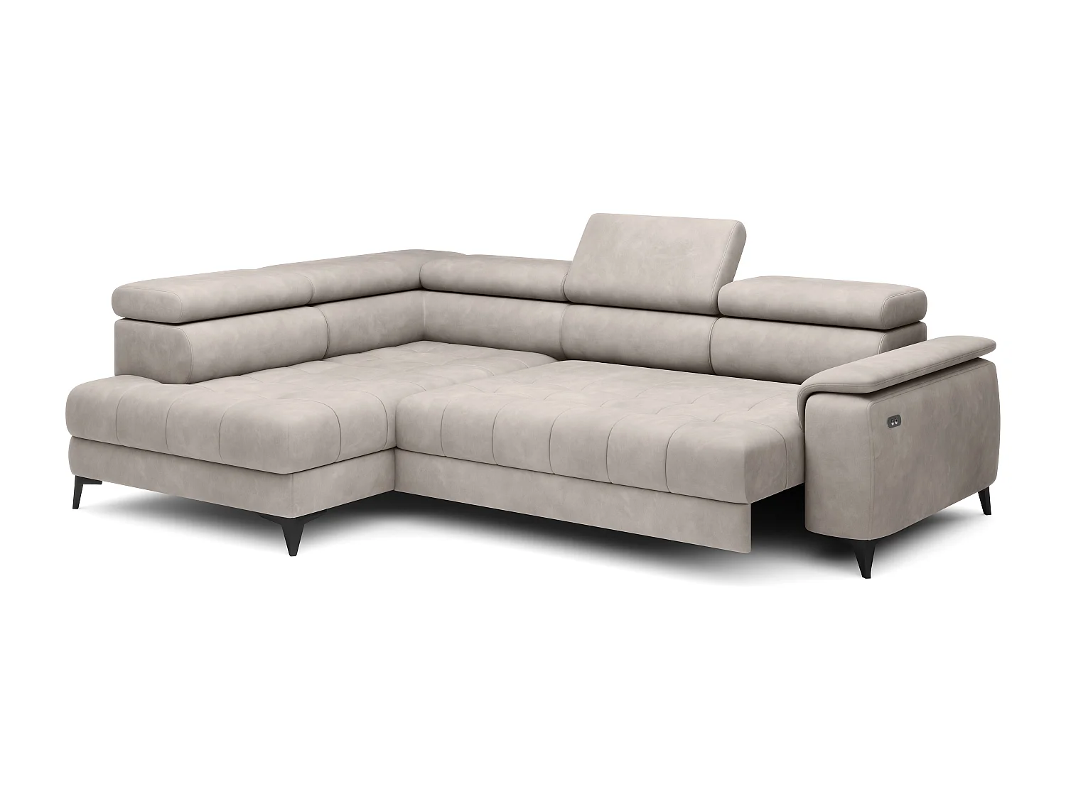 Canapé d'angle lit, têtières réglables, méridienne gauche, 278×197×76/98 cm, tissu gris cendre