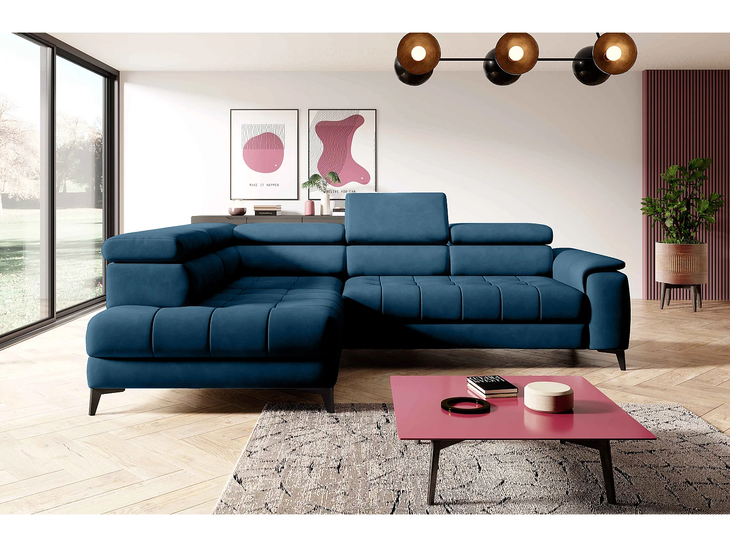 Canapé d'angle lit, têtières réglables, méridienne gauche, 278×197×76/98 cm, tissu bleu royal