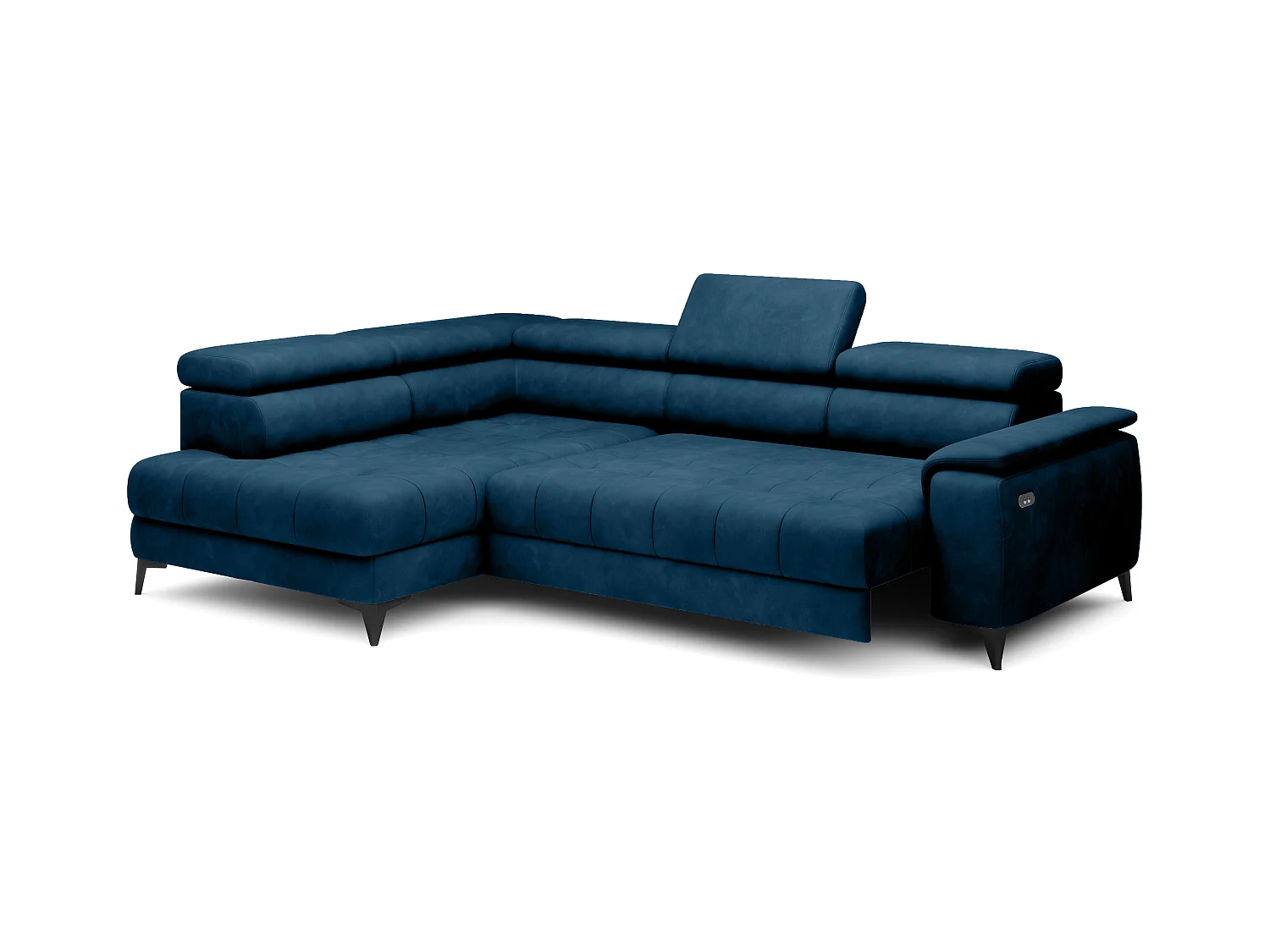 Canapé d'angle lit, têtières réglables, méridienne gauche, 278×197×76/98 cm, tissu bleu royal