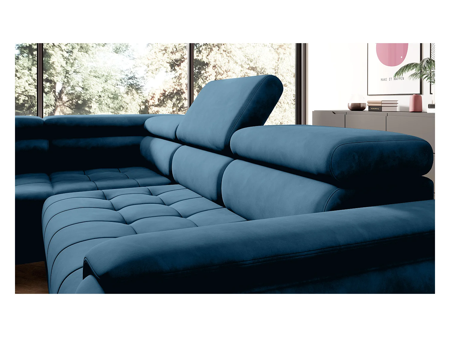 Canapé d'angle lit, têtières réglables, méridienne gauche, 278×197×76/98 cm, tissu bleu royal