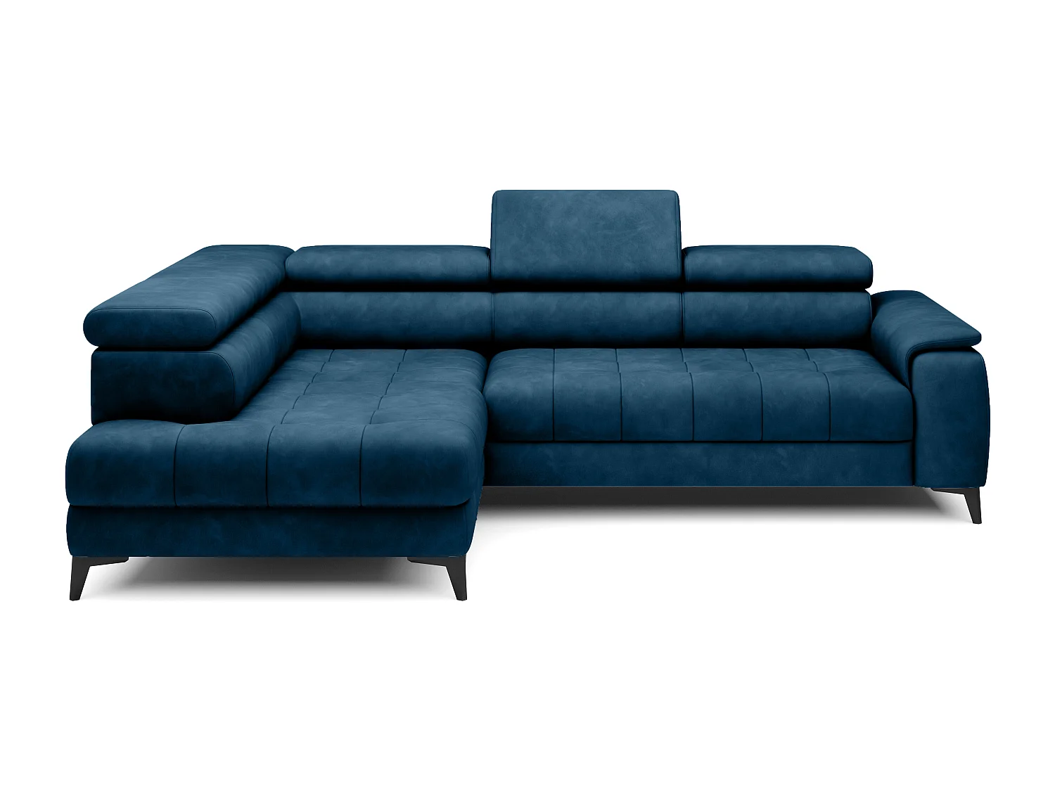 Canapé d'angle lit, têtières réglables, méridienne gauche, 278×197×76/98 cm, tissu bleu royal