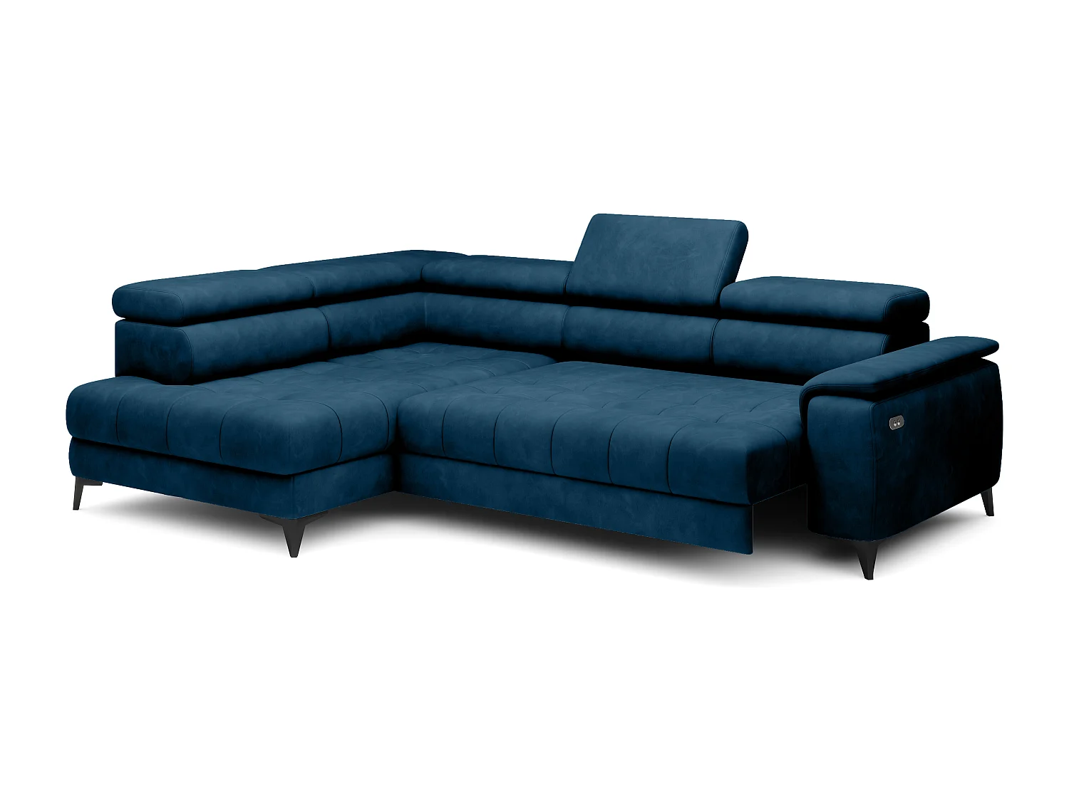 Canapé d'angle lit, têtières réglables, méridienne gauche, 278×197×76/98 cm, tissu bleu royal