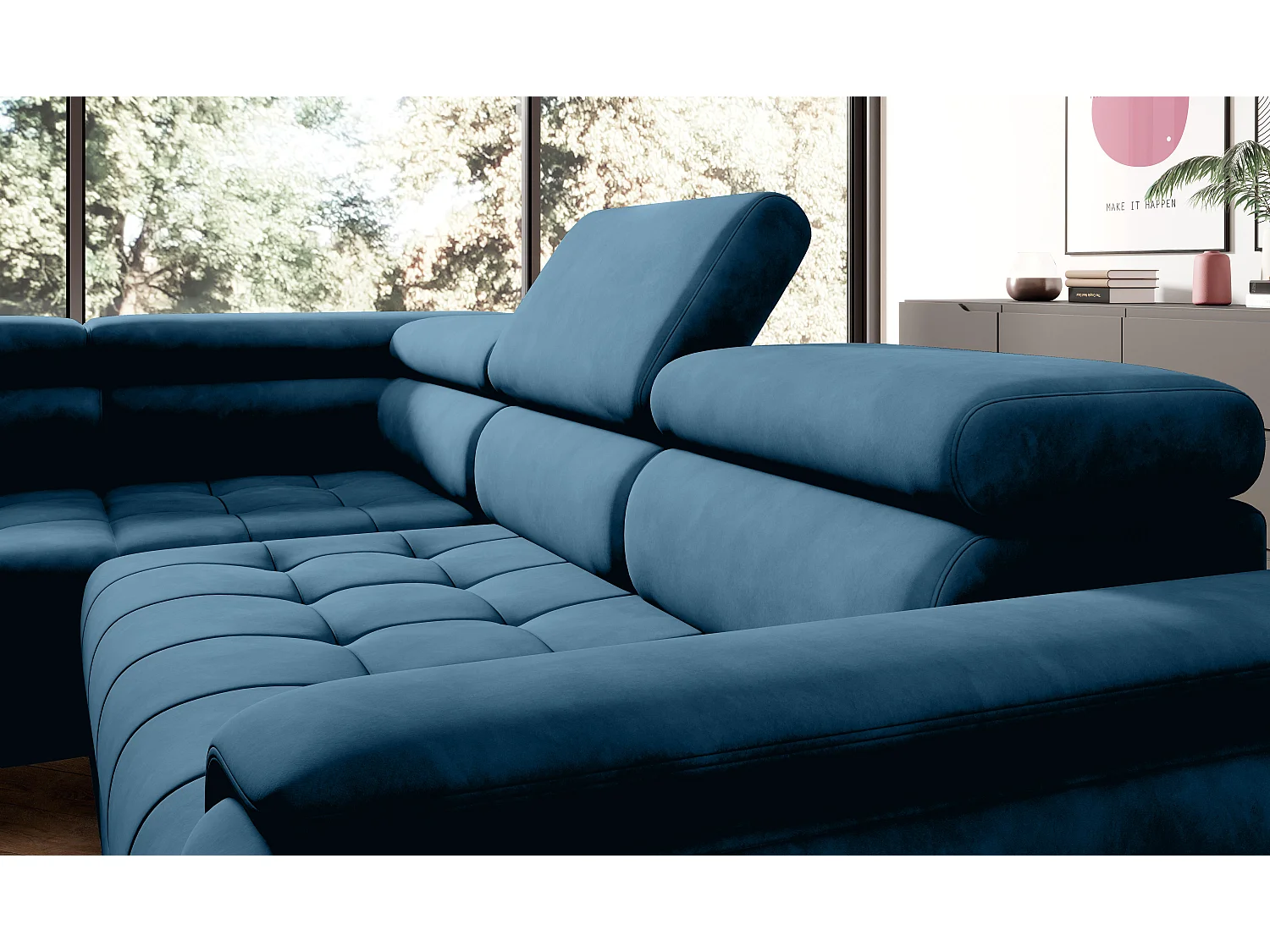 Canapé d'angle lit, têtières réglables, méridienne gauche, 278×197×76/98 cm, tissu bleu royal