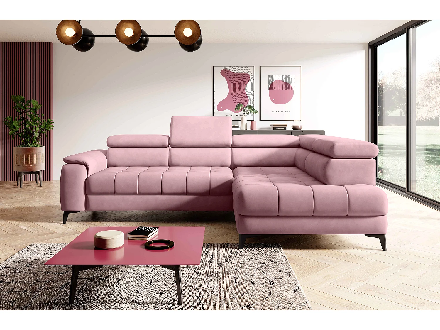 Canapé d'angle lit, têtières réglables, méridienne droite, 278×197×76/98 cm, tissu argenté