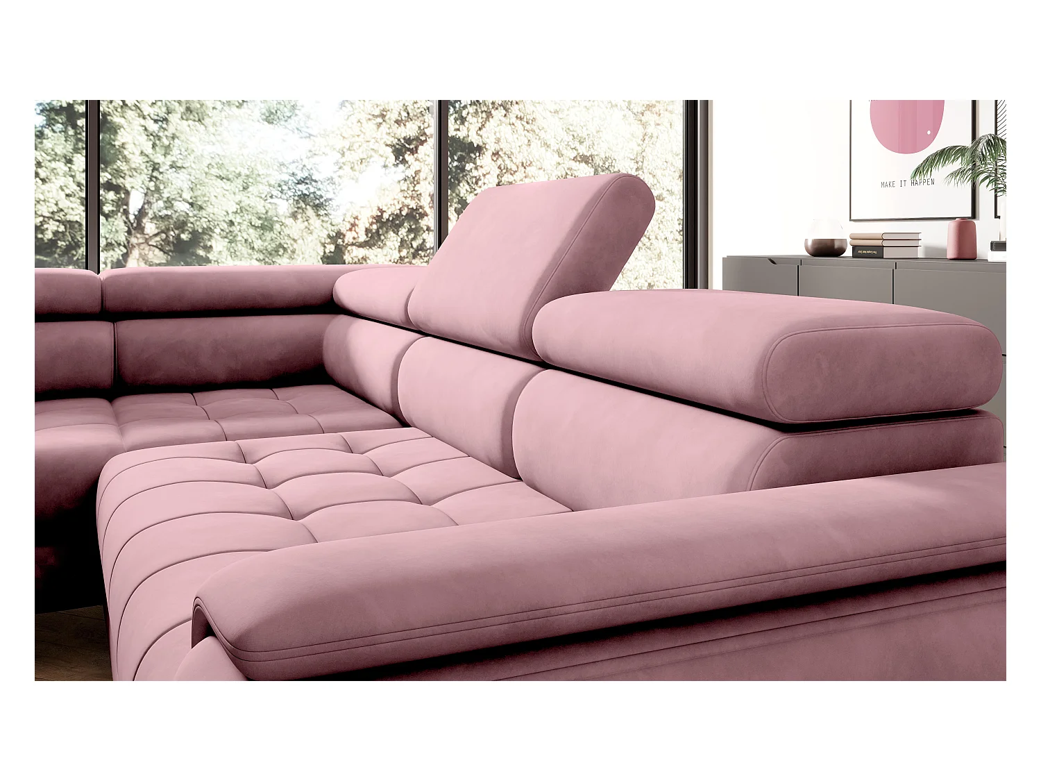 Canapé d'angle lit, têtières réglables, méridienne droite, 278×197×76/98 cm, tissu argenté