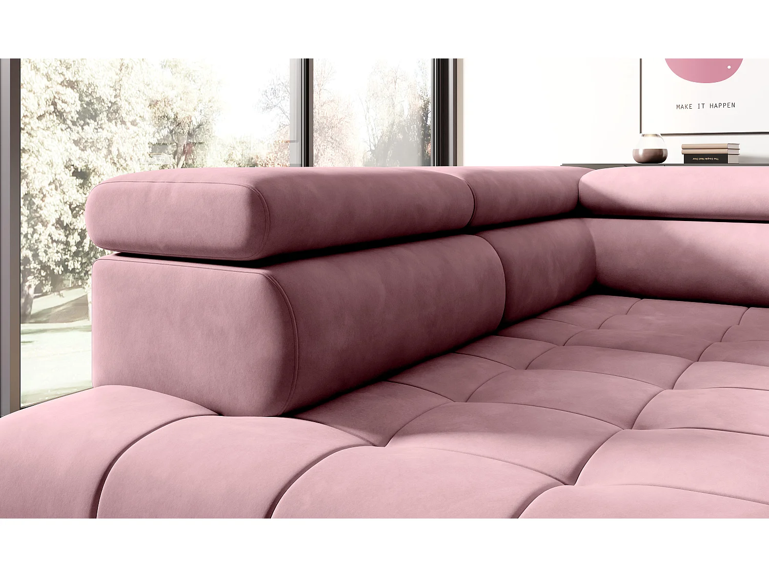 Canapé d'angle lit, têtières réglables, méridienne droite, 278×197×76/98 cm, tissu argenté