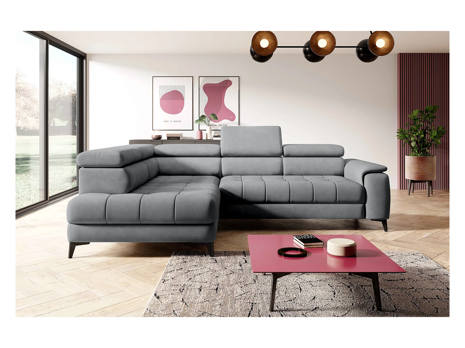 Canapé d'angle lit, têtières réglables, méridienne gauche, 278×197×76/98 cm, tissu gris clair