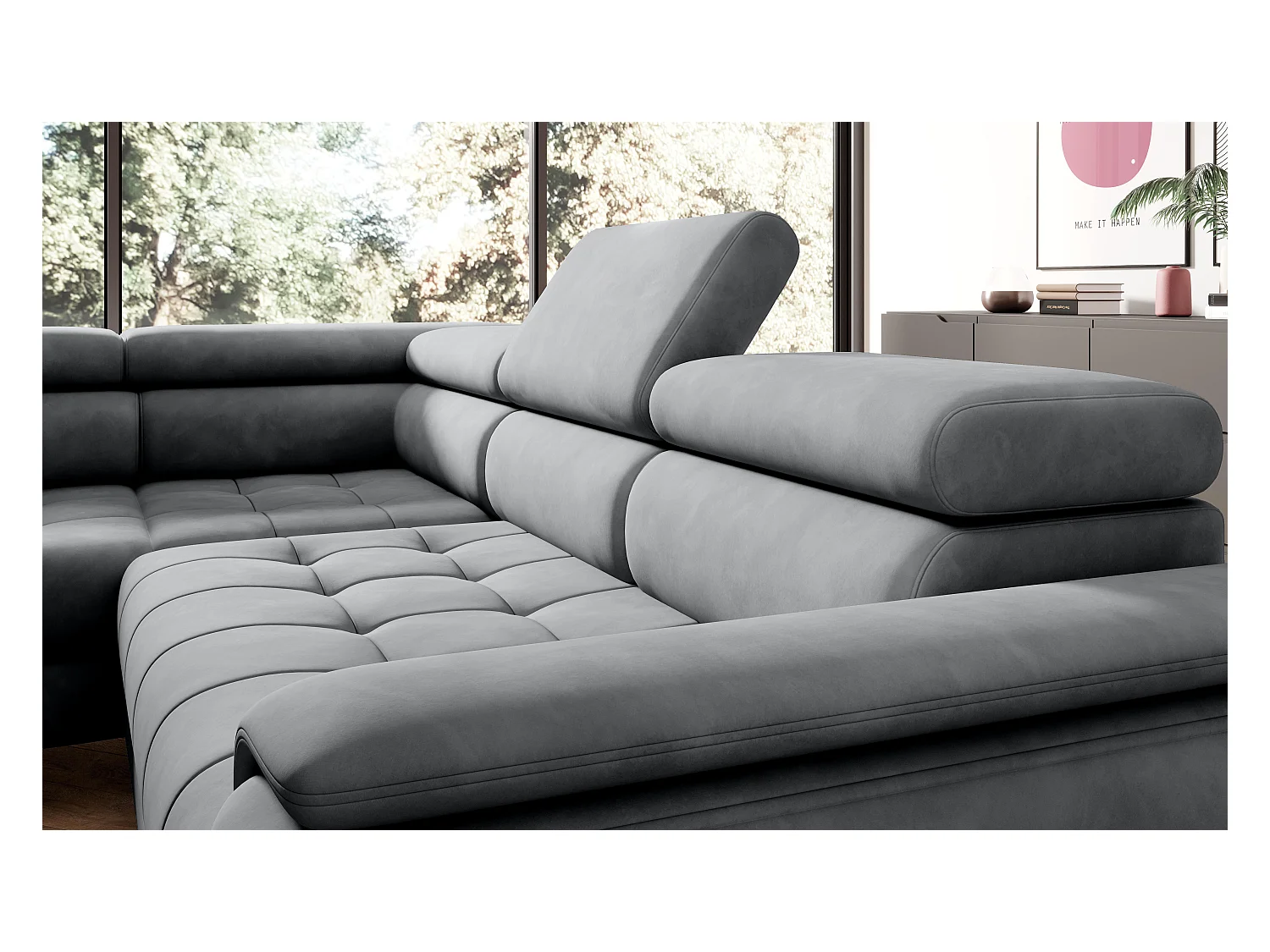 Canapé d'angle lit, têtières réglables, méridienne gauche, 278×197×76/98 cm, tissu gris clair