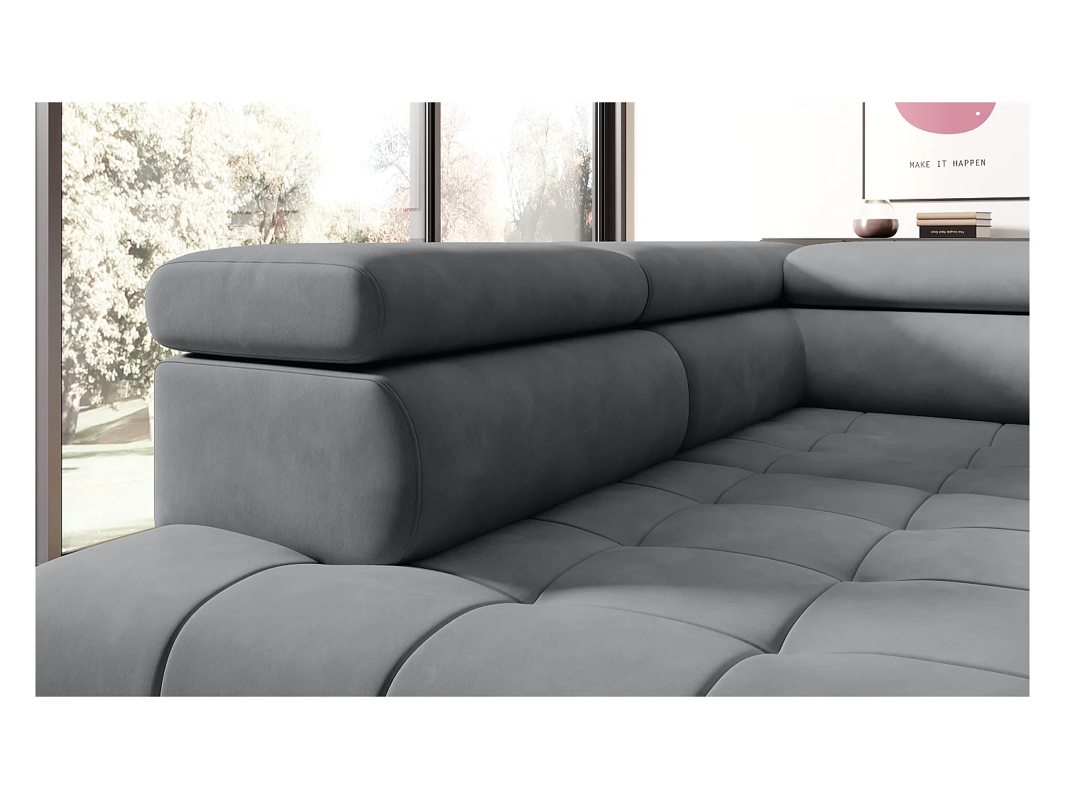 Canapé d'angle lit, têtières réglables, méridienne gauche, 278×197×76/98 cm, tissu gris clair