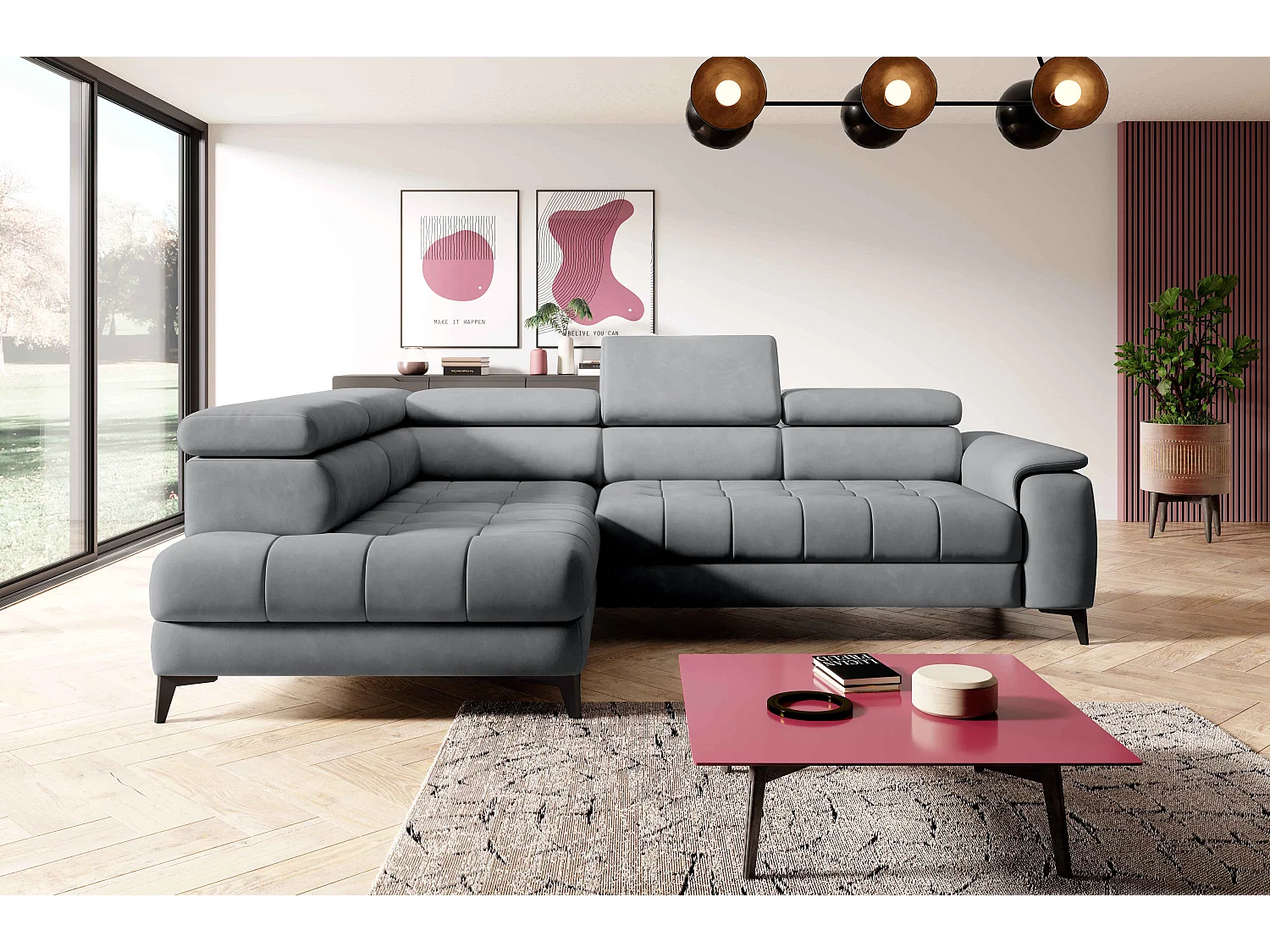 Canapé d'angle lit, têtières réglables, méridienne gauche, 278×197×76/98 cm, tissu gris clair