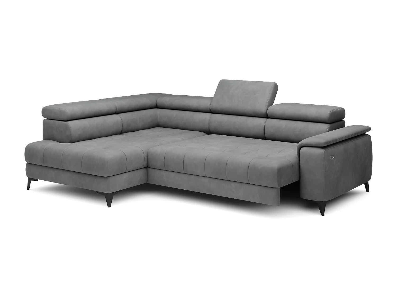 Canapé d'angle lit, têtières réglables, méridienne gauche, 278×197×76/98 cm, tissu gris clair