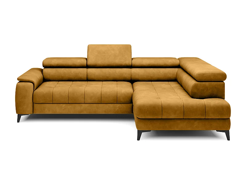 Vrijstaande hoekbank met slaapfunctie & verstelbare hoofdsteunen, chaise longue rechts, gouden stof, 278×197×76/98 cm