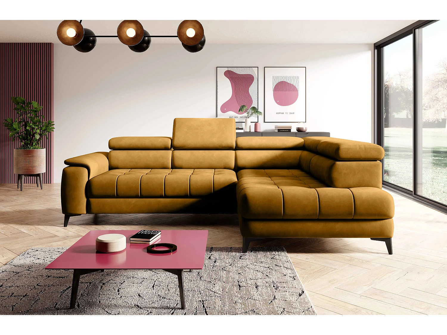 Canapé d'angle lit, têtières réglables, méridienne droite, 278×197×76/98 cm, tissu doré