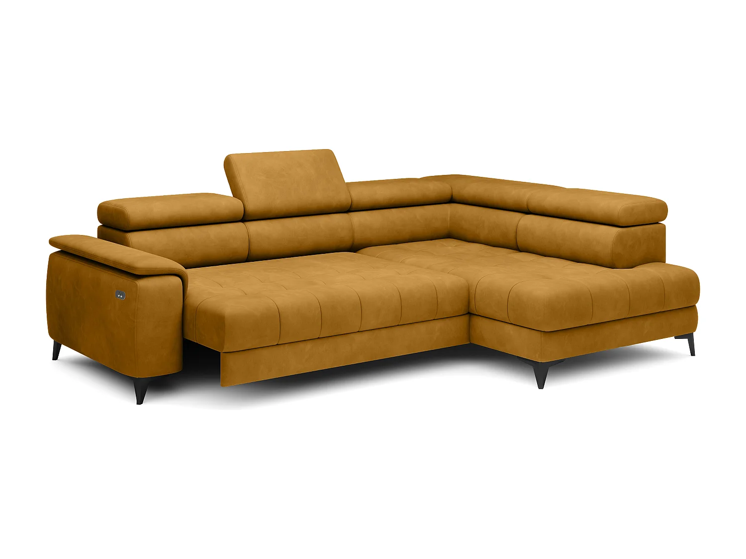 Canapé d'angle lit, têtières réglables, méridienne droite, 278×197×76/98 cm, tissu doré