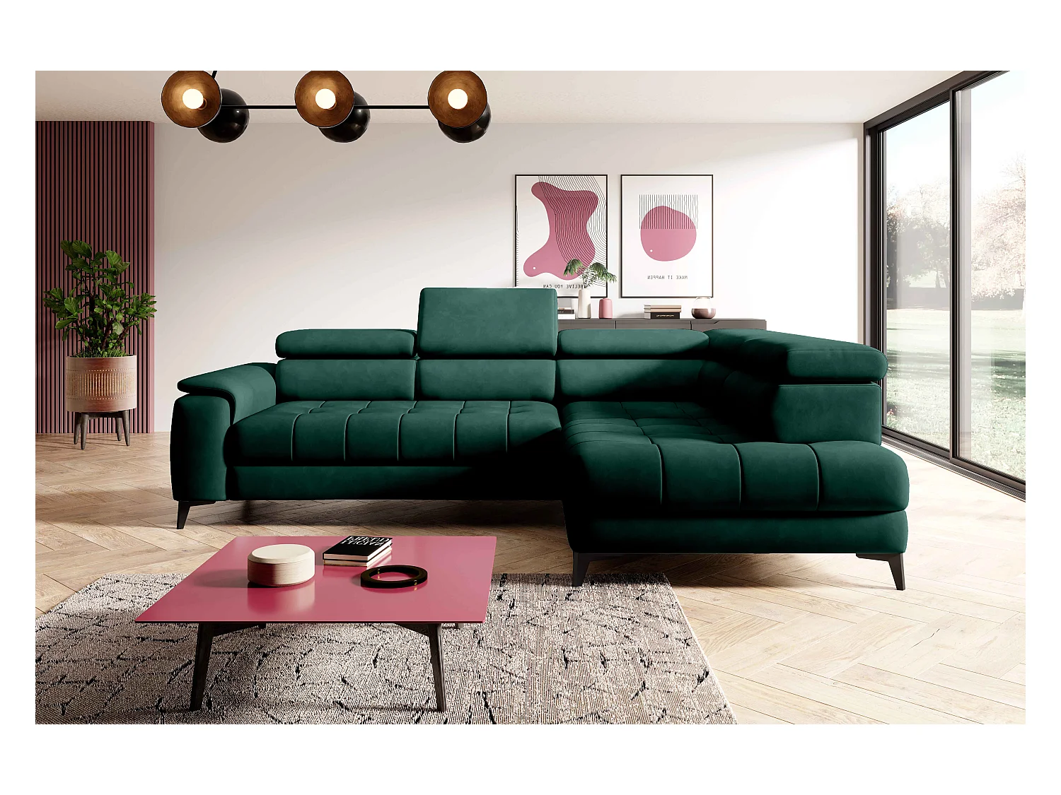 Canapé d'angle lit, têtières réglables, méridienne droite, 278×197×76/98 cm, tissu vert bouteille