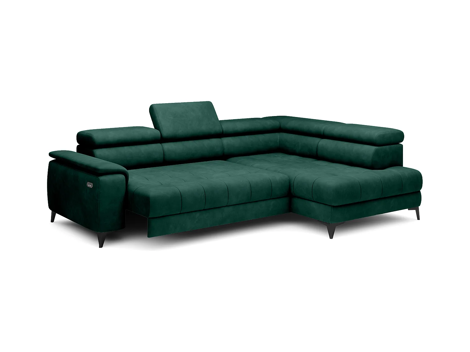 Canapé d'angle lit, têtières réglables, méridienne droite, 278×197×76/98 cm, tissu vert bouteille