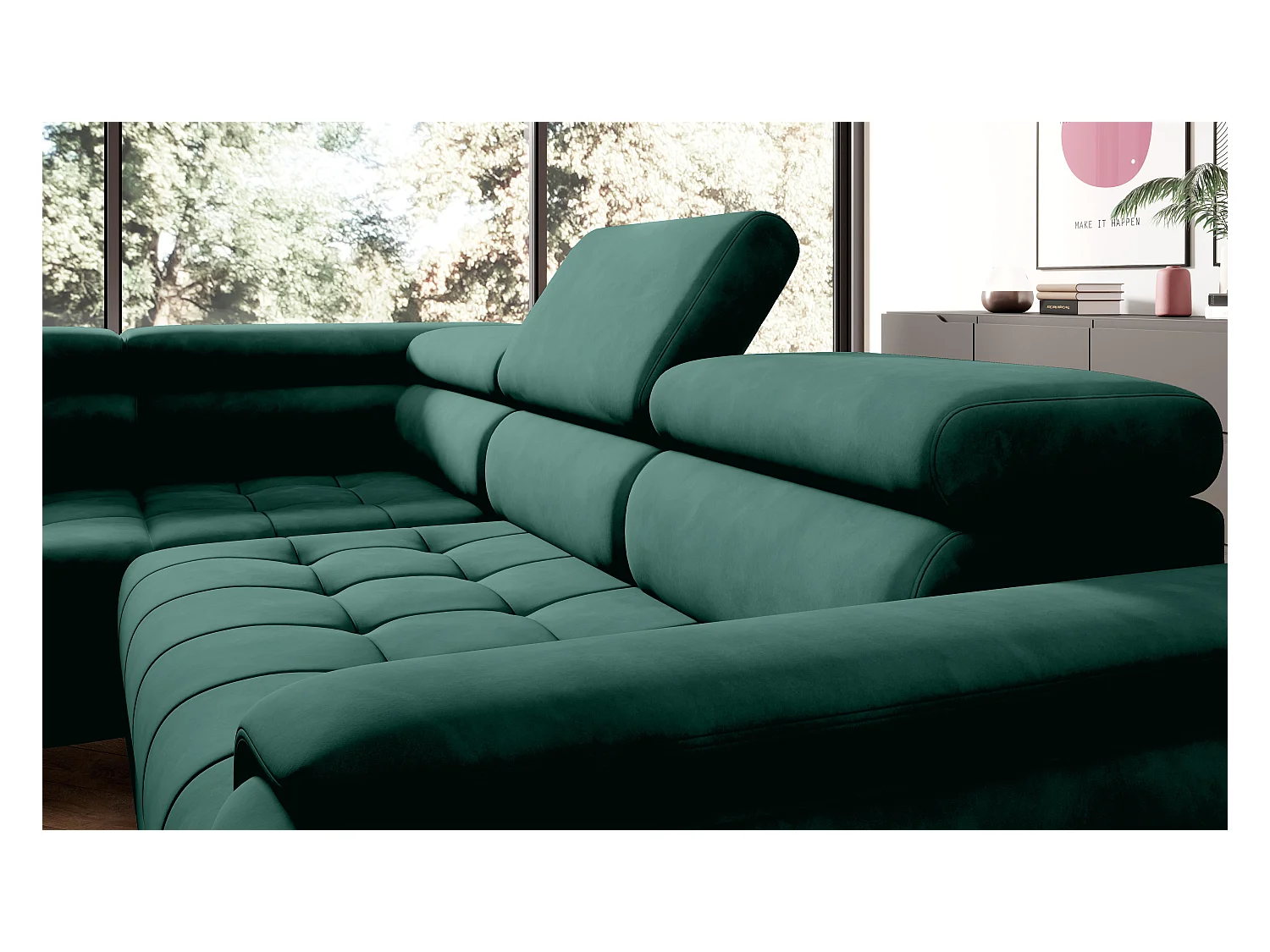 Canapé d'angle lit, têtières réglables, méridienne droite, 278×197×76/98 cm, tissu vert bouteille