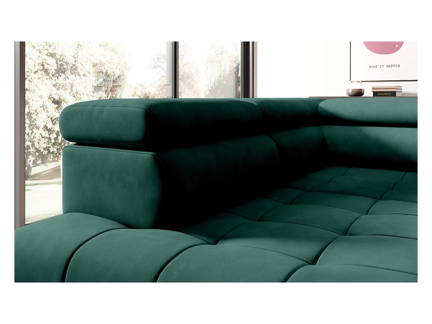 Canapé d'angle lit, têtières réglables, méridienne droite, 278×197×76/98 cm, tissu vert bouteille