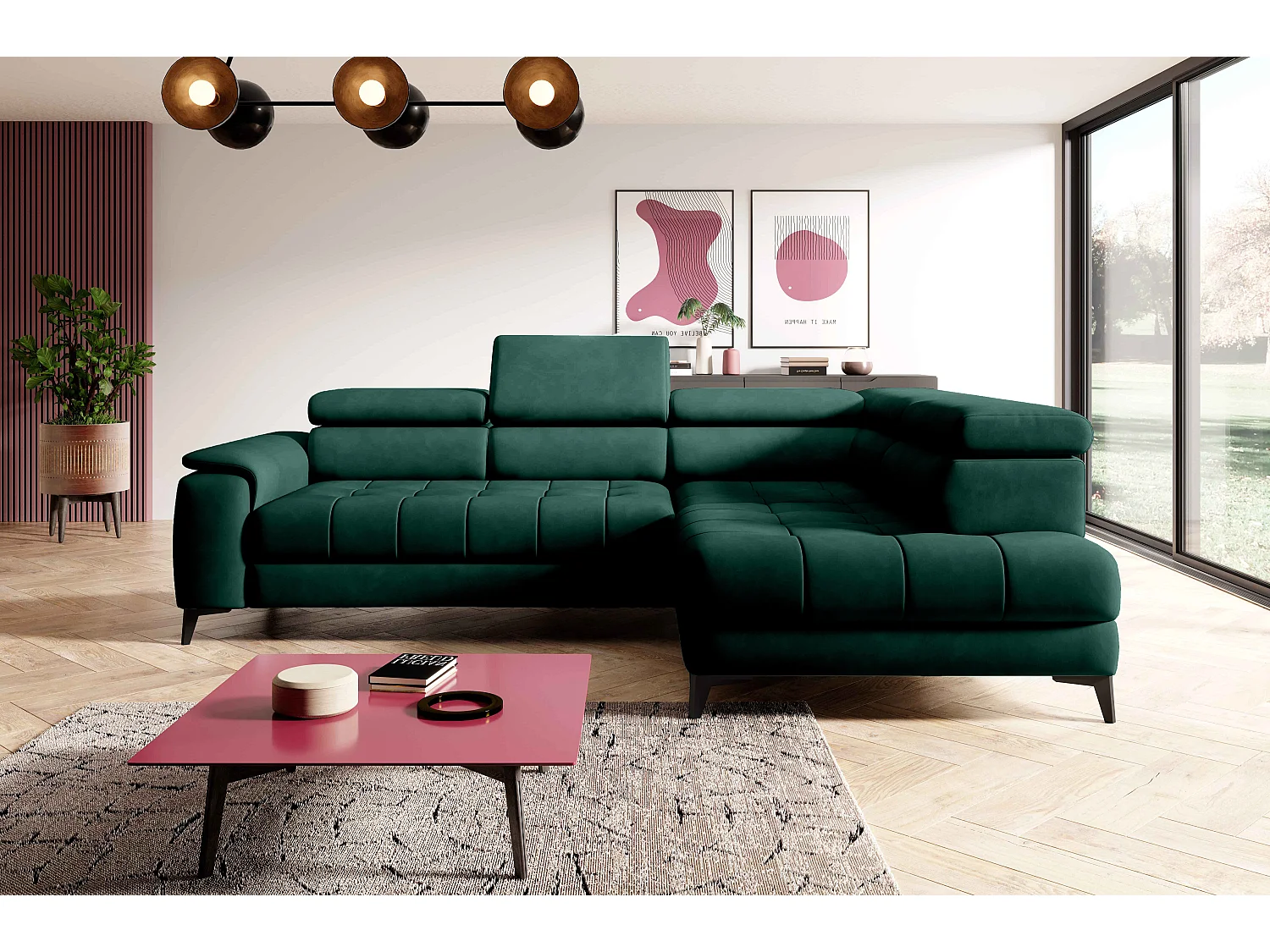 Canapé d'angle lit, têtières réglables, méridienne droite, 278×197×76/98 cm, tissu vert bouteille