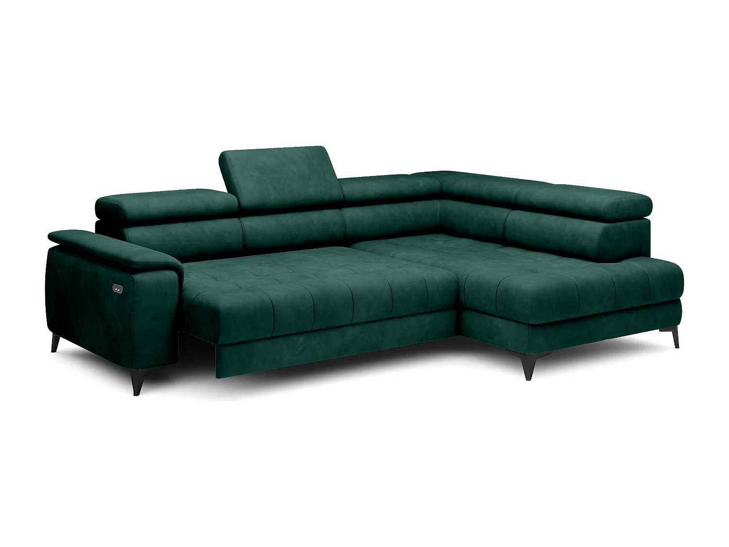 Canapé d'angle lit, têtières réglables, méridienne droite, 278×197×76/98 cm, tissu vert bouteille