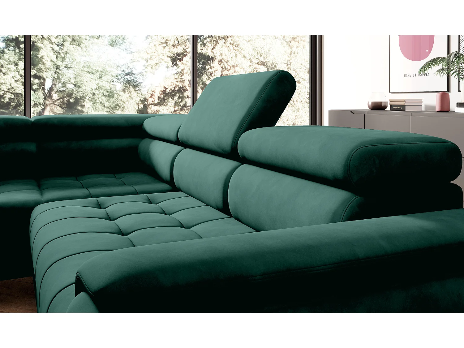 Canapé d'angle lit, têtières réglables, méridienne droite, 278×197×76/98 cm, tissu vert bouteille