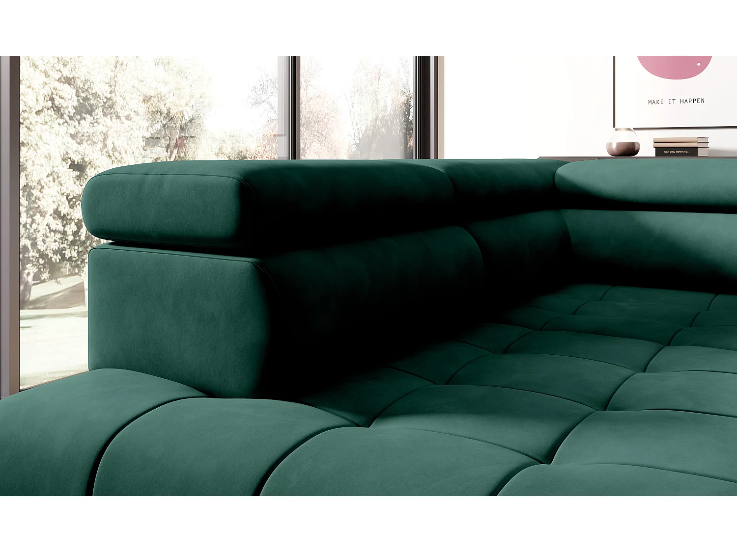 Canapé d'angle lit, têtières réglables, méridienne droite, 278×197×76/98 cm, tissu vert bouteille