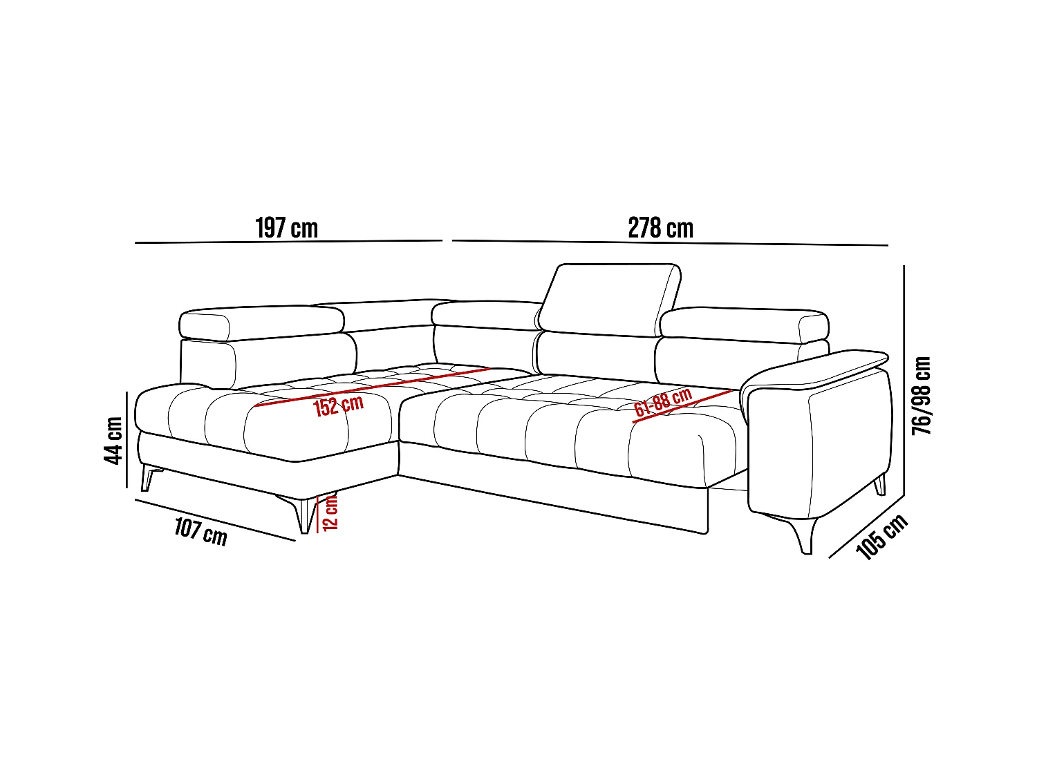 Canapé d'angle lit, têtières réglables, méridienne droite, 278×197×76/98 cm, tissu bleu royal