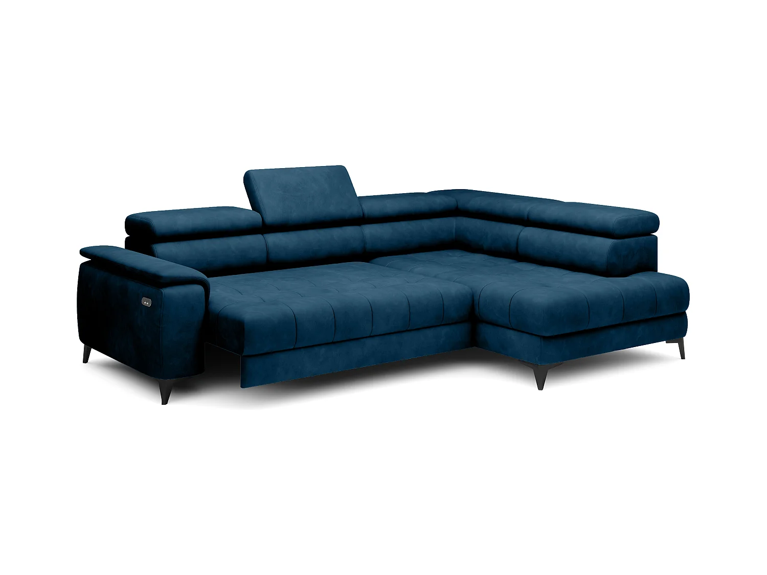 Canapé d'angle lit, têtières réglables, méridienne droite, 278×197×76/98 cm, tissu bleu royal