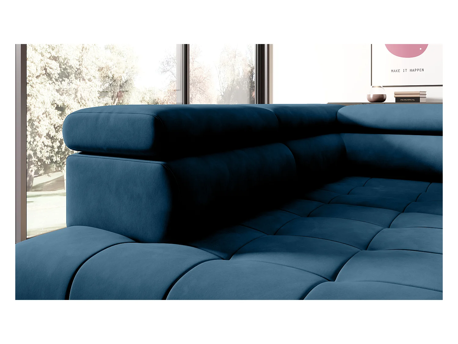 Canapé d'angle lit, têtières réglables, méridienne droite, 278×197×76/98 cm, tissu bleu royal