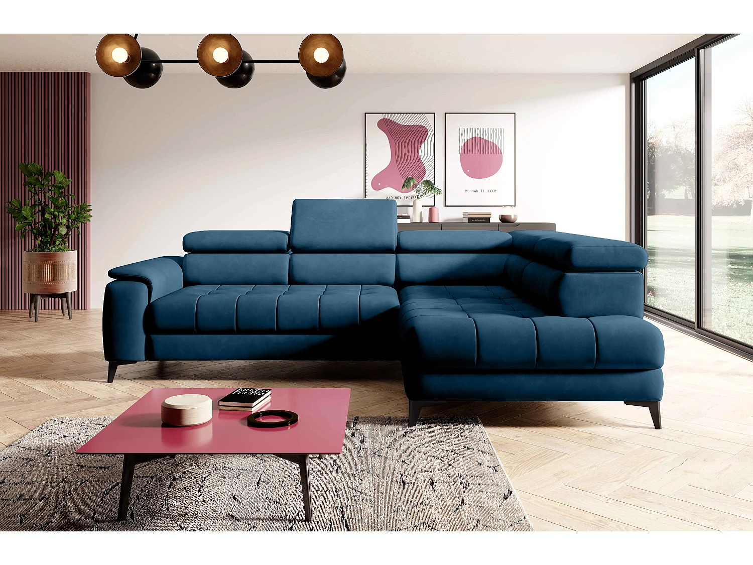 Canapé d'angle lit, têtières réglables, méridienne droite, 278×197×76/98 cm, tissu bleu royal