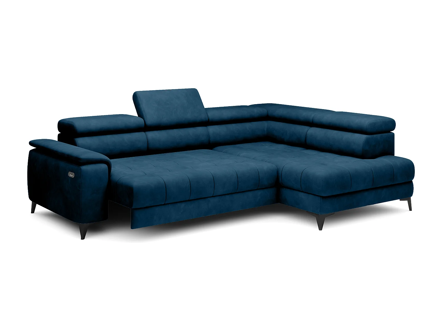 Canapé d'angle lit, têtières réglables, méridienne droite, 278×197×76/98 cm, tissu bleu royal