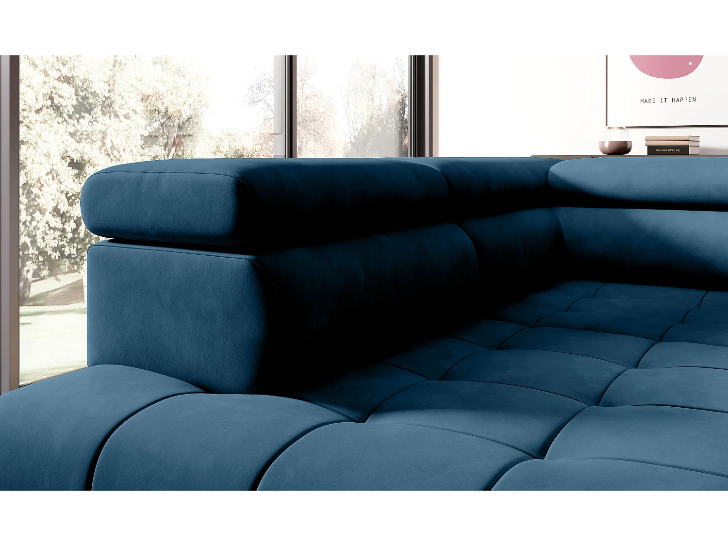 Canapé d'angle lit, têtières réglables, méridienne droite, 278×197×76/98 cm, tissu bleu royal