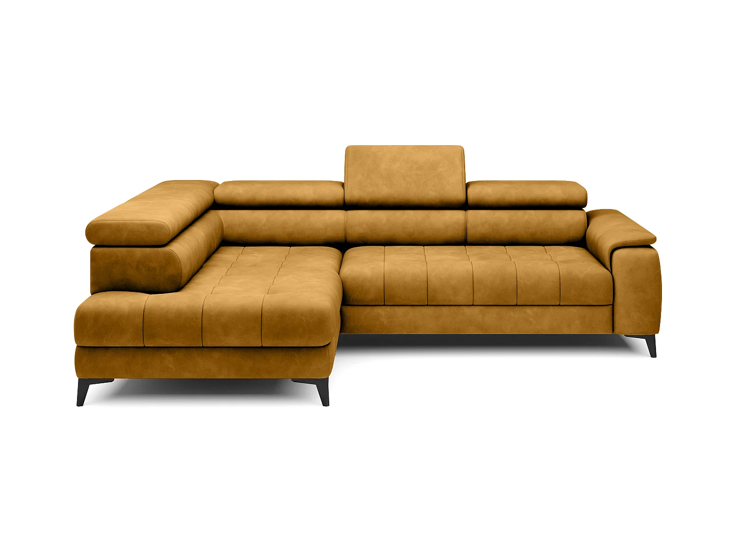 Canapé d'angle lit, têtières réglables, méridienne gauche, 278×197×76/98 cm, tissu doré