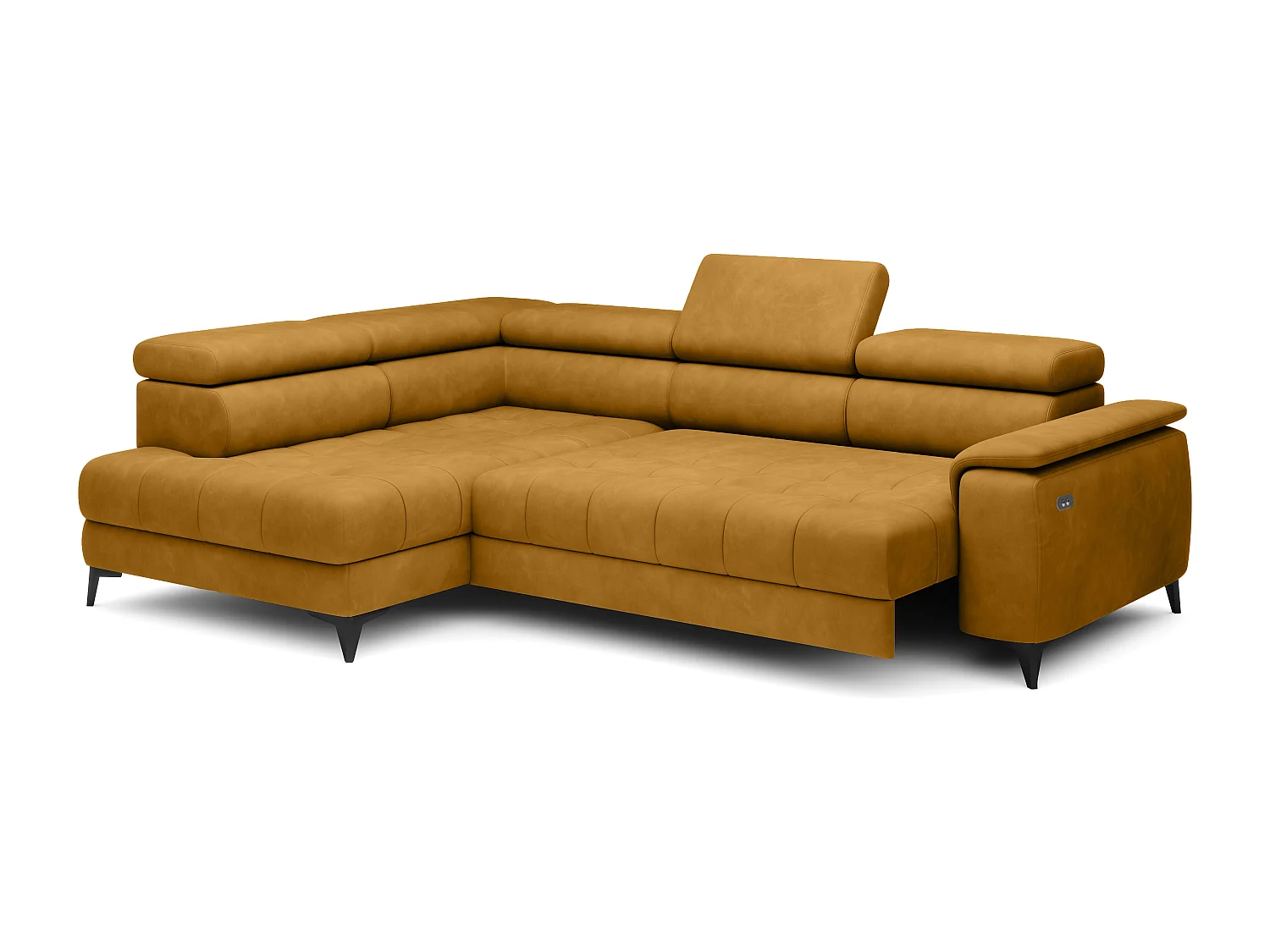 Canapé d'angle lit, têtières réglables, méridienne gauche, 278×197×76/98 cm, tissu doré