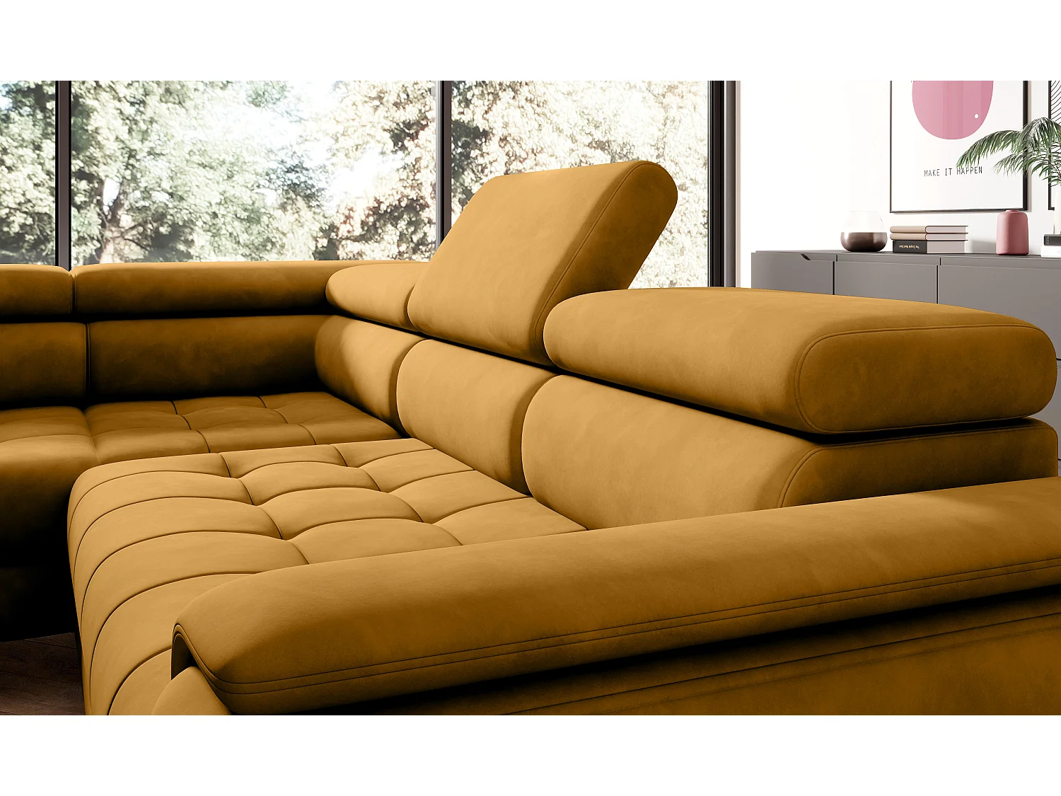 Canapé d'angle lit, têtières réglables, méridienne gauche, 278×197×76/98 cm, tissu doré