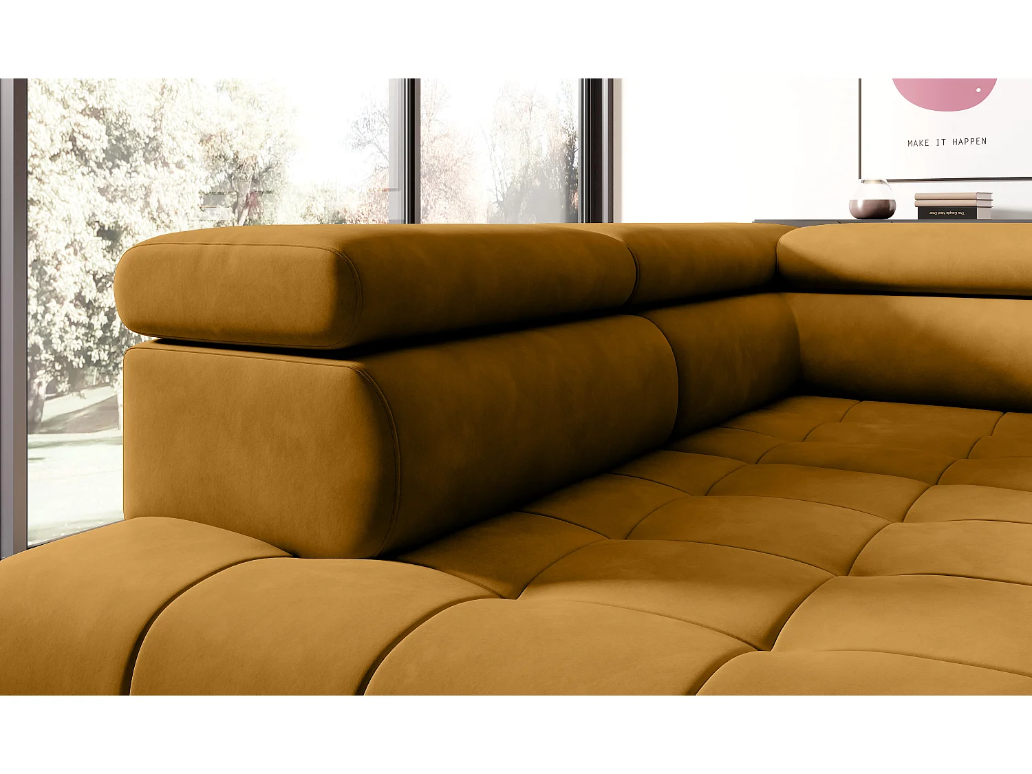 Canapé d'angle lit, têtières réglables, méridienne gauche, 278×197×76/98 cm, tissu doré