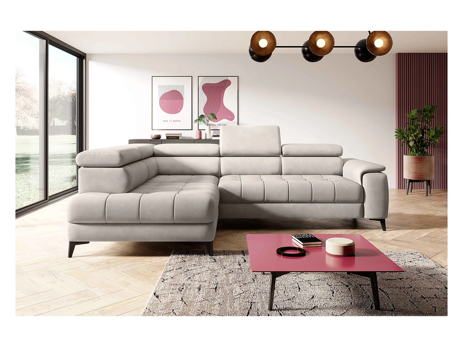 Canapé d'angle lit, têtières réglables, méridienne gauche, 278×197×76/98 cm, tissu rose poudré