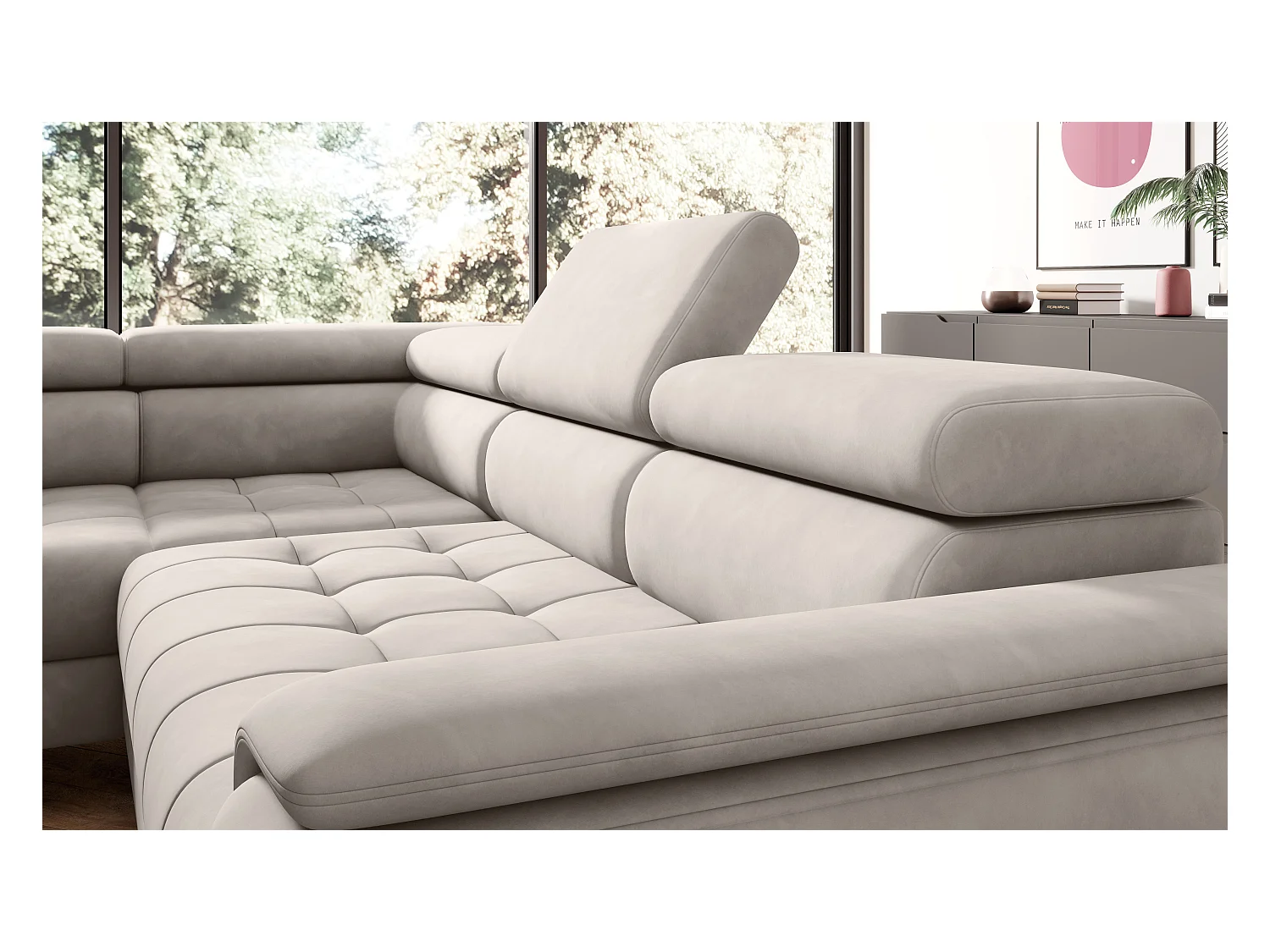 Canapé d'angle lit, têtières réglables, méridienne gauche, 278×197×76/98 cm, tissu rose poudré